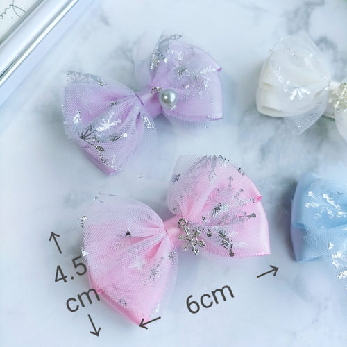 ヘアクリップ】キッズ/雪の結晶チュールリボン/選べるチャーム《推し