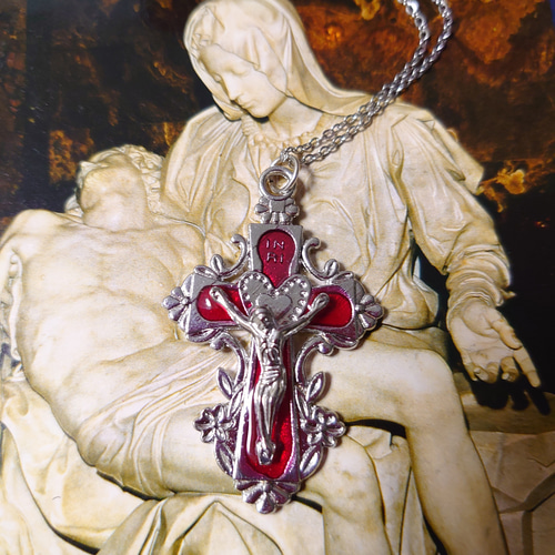 クリアワインエナメルの美しいクロス イエス・キリストの十字架 お守り