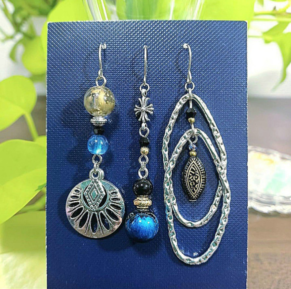 エスニック☆シルバーアクセサリーデザインピアス 3つ穴 青 No.1402 