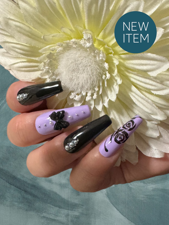 量産型ネイルチップ／黒／白／パープル／リボン／猫／韓国／推し活  