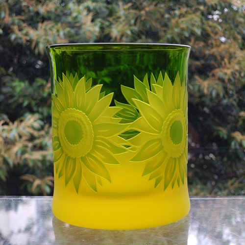 ひまわり｣ イエロー グリーン・アンバー ロックグラス サンドブラスト