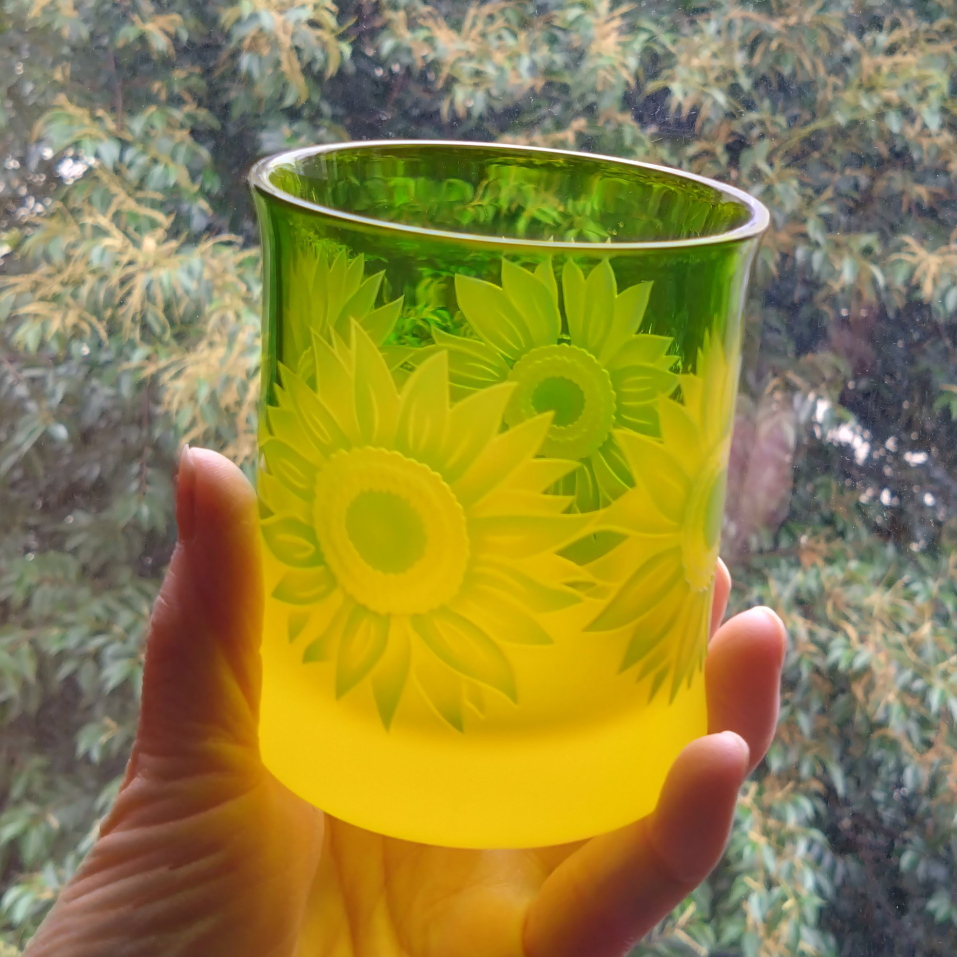 「ひまわり｣　イエロー　グリーン・アンバー　ロックグラス　サンドブラスト