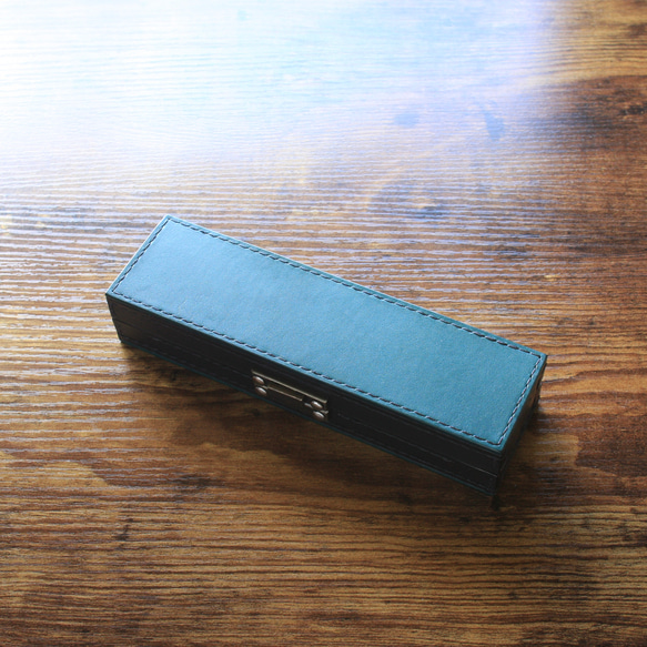 大人のペンケース（イタリアンレザー　ターコイズ&ブラック）No.009 トゥクソン リオショルダー 8cm なめし