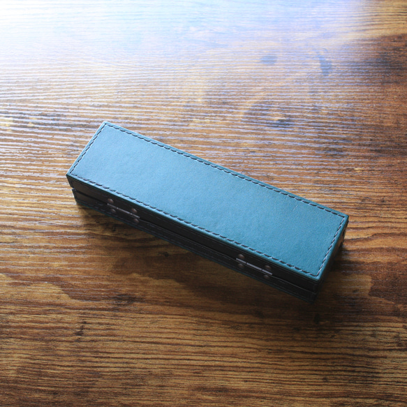 大人のペンケース（イタリアンレザー　ターコイズ&ブラック）No.009 トゥクソン リオショルダー 8cm なめし