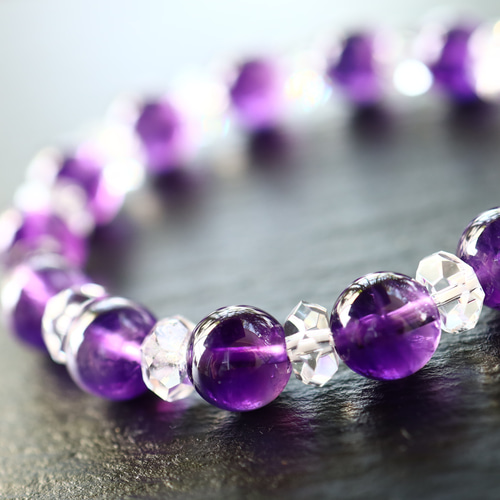 ☆プレミアムブレス☆…☆宝石質☆アメジスト：9ミリ＆水晶☆…☆天然石