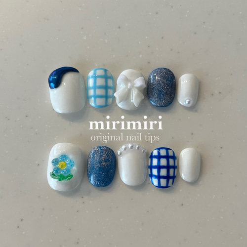 169 〗ネイルチップ 夏ネイル 韓国ネイル ブルー 青 お花ネイル  