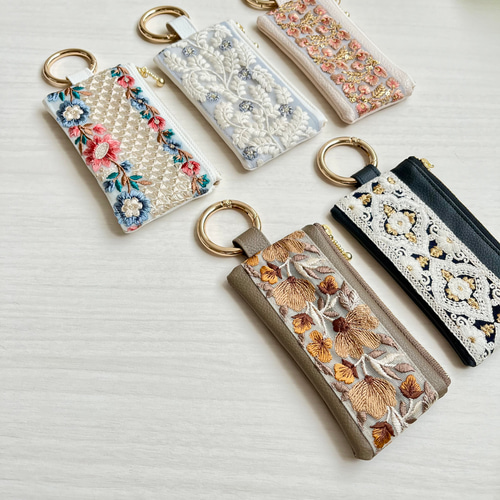 new color＊インド刺繍リボンのミニポーチ＊キーリング付き