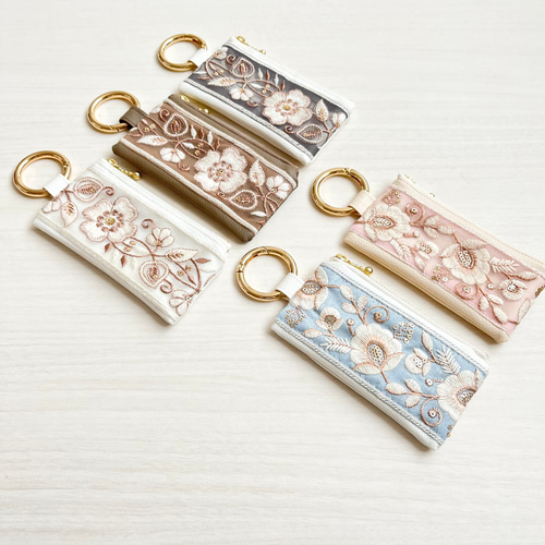 new color＊インド刺繍リボンのミニポーチ＊キーリング付き ポーチ
