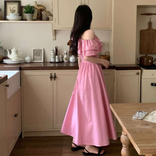 肩だし オフショルダー ワンピース フリル シフォン 夏 ロング