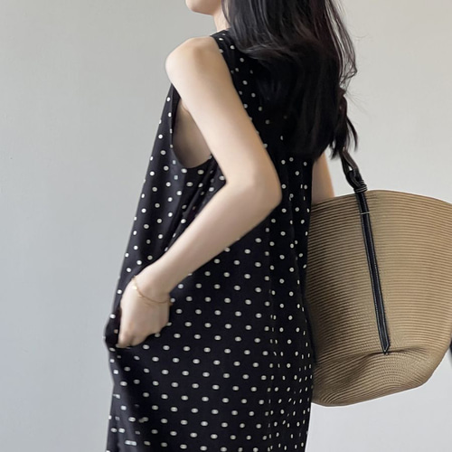 ワンピース レディース ノースリーブ ロング丈 ドット柄 マキシ