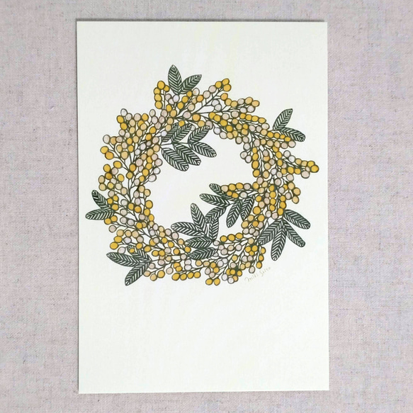 お花リースポストカード＜ミモザ＞【原画は切り絵】 ポストカード miki