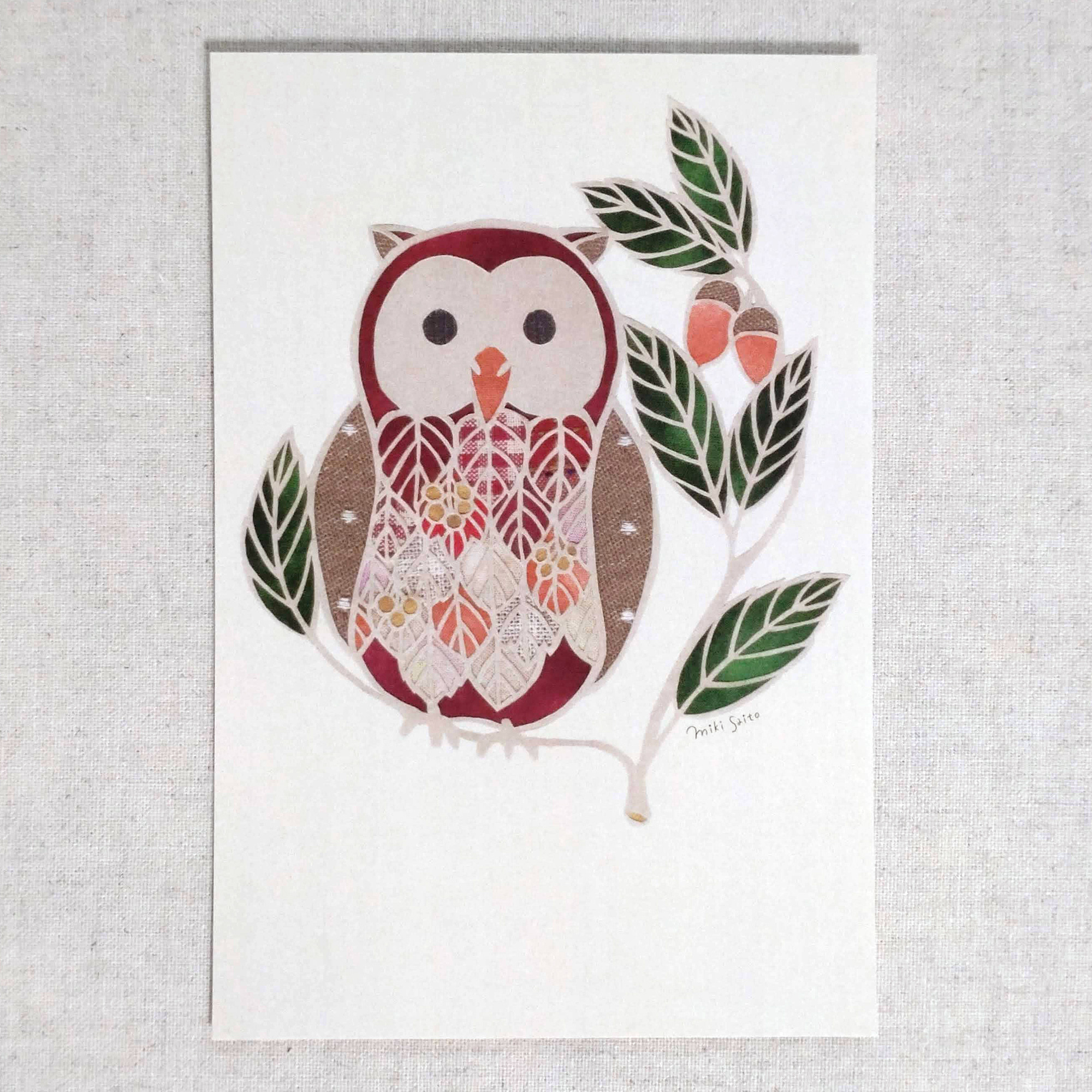 動物とお花のポストカード＜フクロウ×どんぐり＞【原画は切り絵