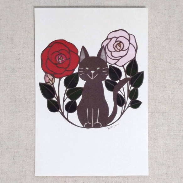 動物とお花のポストカード＜猫×薔薇＞【原画は切り絵】 ポスト
