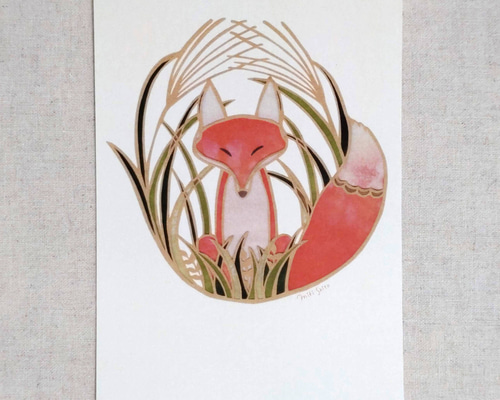 菅狐ページ ポストカード 動物とお花のポストカード＜キツネ×すすき＞【原画は切り絵