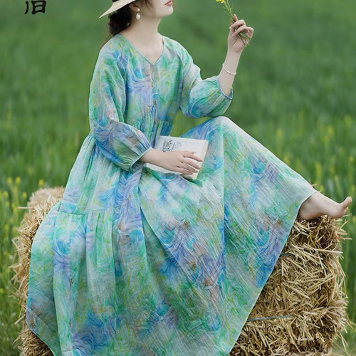 涼しげミントグリーン ふんわりシルエット ラミー/麻のロング