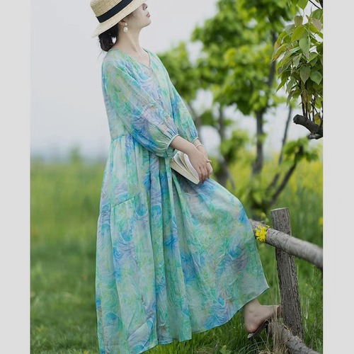 涼しげミントグリーン ふんわりシルエット ラミー/麻のロング