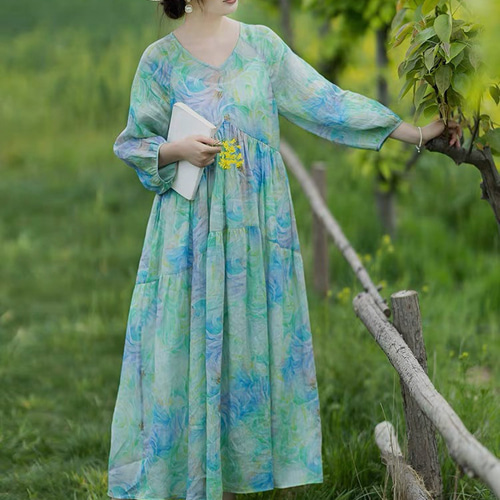 涼しげミントグリーン ふんわりシルエット ラミー/麻のロング