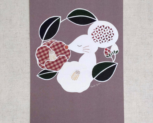 動物とお花のポストカード＜ねずみ×椿＞【原画は切り絵】 ポストカード
