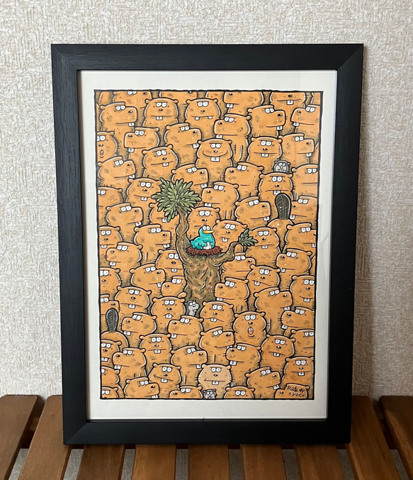 ビーバーたちと一本の木】動物 絵 原画 アート マーカー イラスト yoc