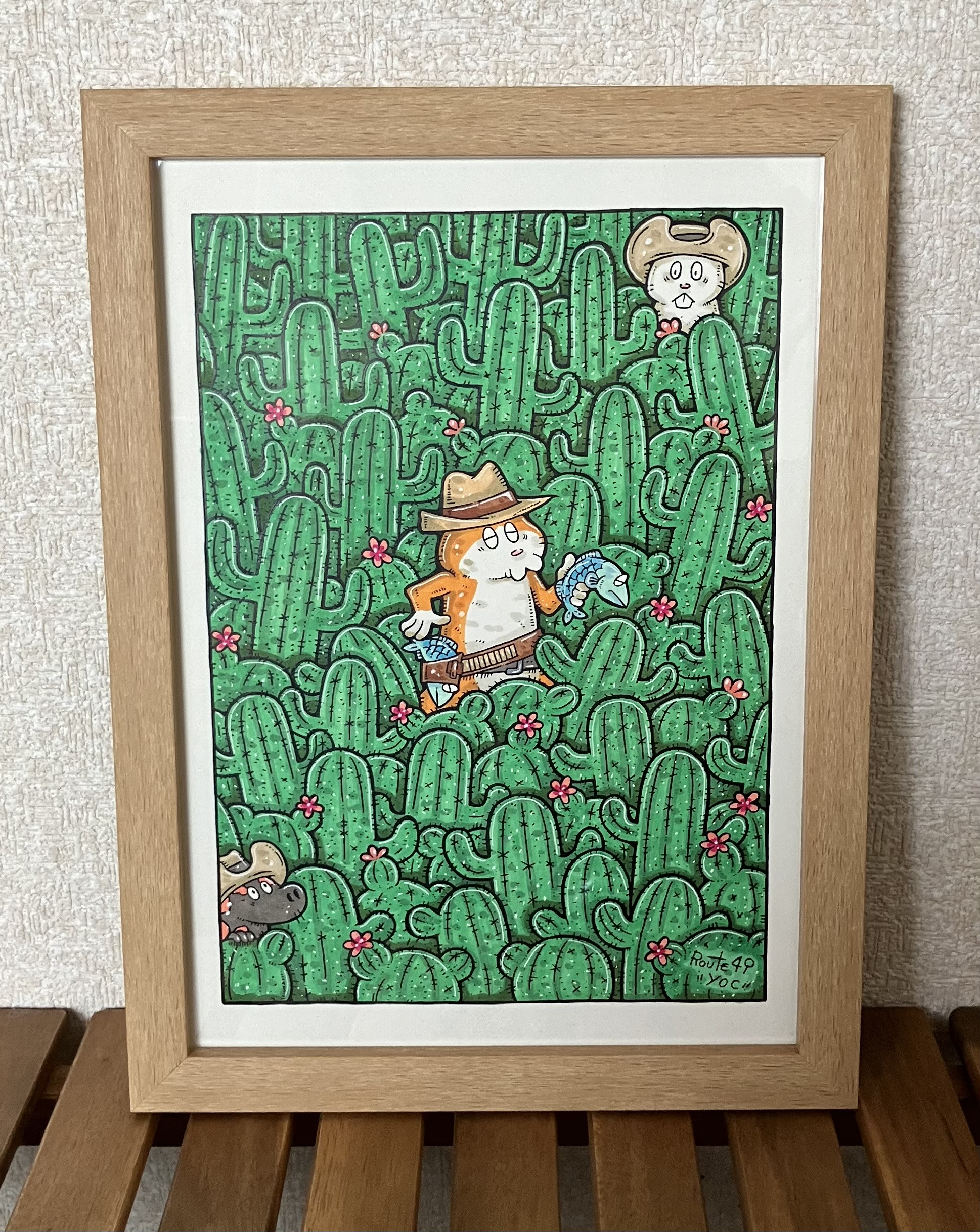 【荒野の森のガンマン】動物　絵　原画　アート　マーカー　猫