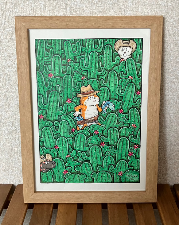 荒野の森のガンマン】動物 絵 原画 アート マーカー 猫 イラスト yoc