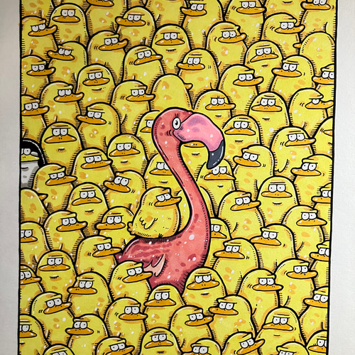 ヒヨコとフラミンゴ】動物 絵 原画 アート マーカー イラスト