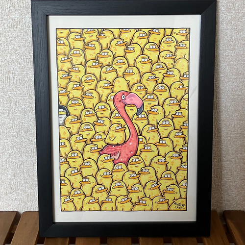 に*け様 「 逃げることをやめたフラミンゴ 」｜絵画 原画 抽象画 動物画 ドロ ヒヨコとフラミンゴ】動物 絵 原画 アート マーカー イラスト