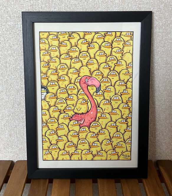 に*け様 「 逃げることをやめたフラミンゴ 」｜絵画 原画 抽象画 動物画 ドロ 送料無料】実は機嫌の良い フラミンゴ キャンバス 絵画(原画