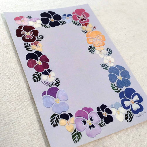 アンティーク　扇子　グリーティングカード　ポストカード　お花　リボン　パンジー お気に入りに囲まれた♪ポストカード＜パンジーとビオラ＞【原画は切り