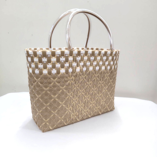 プラかごバッグ プラカゴ PPバンド 花柄 ベージュ ブラウン モノトーンクリアプラカゴバッグ/ブラウン｜ プラカゴバッグ ベージュ×ブラウン