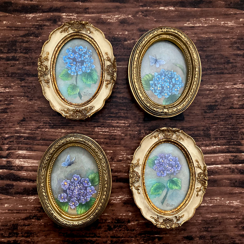 紫陽花の小さな絵 紫色 /あじさい 花 原画 アンティーク インテリア