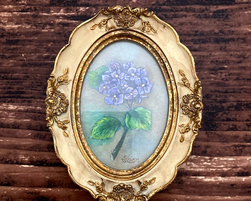 紫陽花の小さな絵 紫色 /あじさい 花 原画 アンティーク インテリア