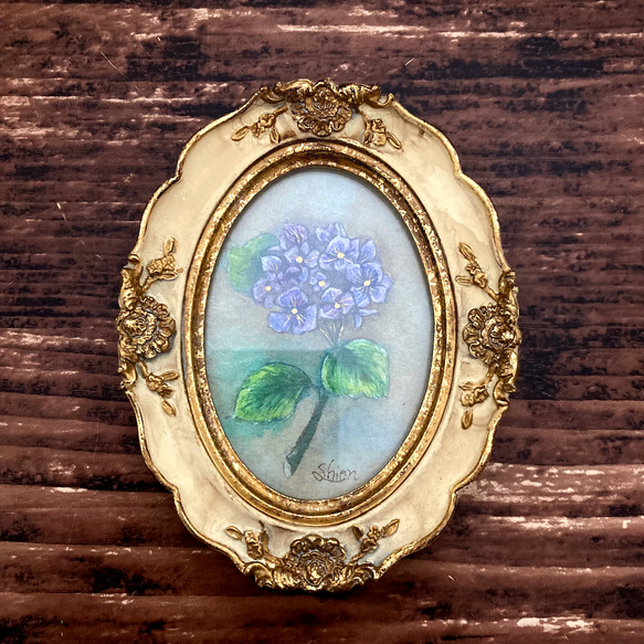 紫陽花の小さな絵 紫色 /あじさい 花 原画 アンティーク インテリア