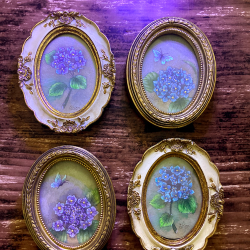 紫陽花の小さな絵 紫色 /あじさい 花 原画 アンティーク インテリア