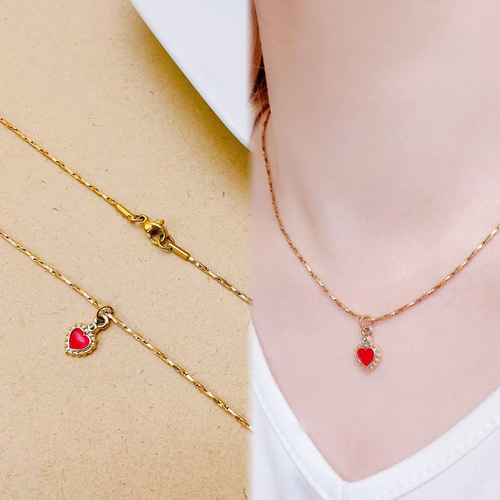 大人可愛い＊ぷっくり赤いハート♡ ネックレス チェーン ピンク