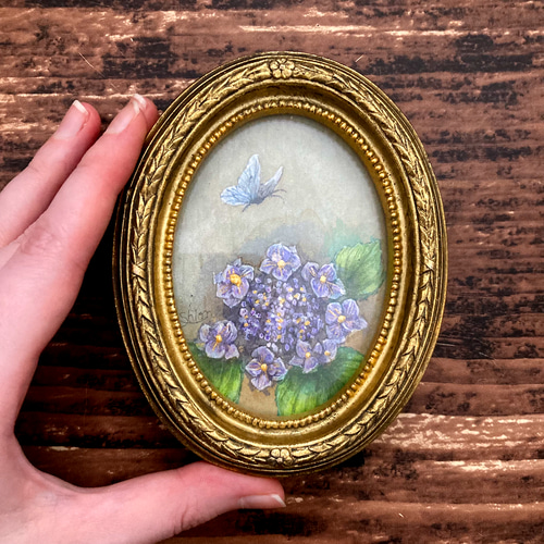 紫陽花と白蝶-B /花 原画 アンティーク インテリアアート 絵画