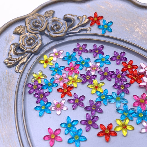 ネイルパーツ フラワー 9ｍｍ 花 100個 混色 ミックス 透明 透明な花 ぷっくり 花びら 樹脂製 デコ 3850 4枚目の画像