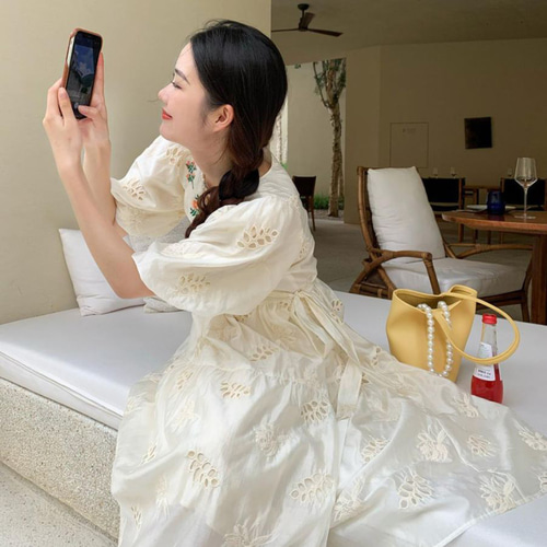 ロングワンピース ワンピース 夏 花柄 レディース 綿 透かし彫り 体型