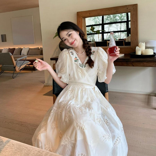 ロングワンピース ワンピース 夏 花柄 レディース 綿 透かし彫り 体型