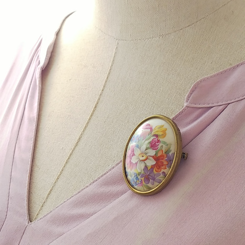 アンティーク フランス リモージュ焼き／ ブローチ 43×34㎜ ブローチ