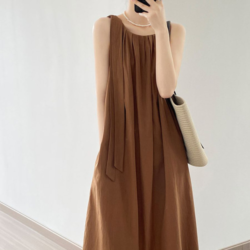 ワンピース 夏 肩紐リボン ノースリーブ カジュアル レディース 体型