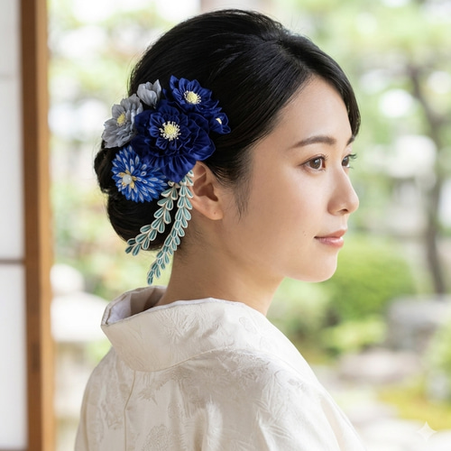つまみ細工 成人式・婚礼用髪飾り 「波葵陽」namiaohi かんざし