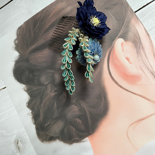 つまみ細工 成人式・婚礼用髪飾り 「波葵陽」namiaohi かんざし