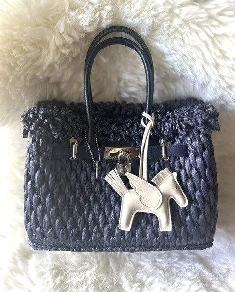 セール！ネイビーコットンラフィアフリルカデナバッグ　カゴバーキン　かご