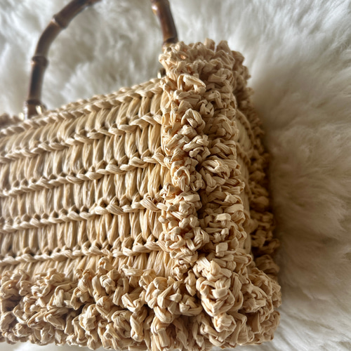 sale! コットンラフィアフリル ナチュラル カゴ ハンドルバッグ 2way  