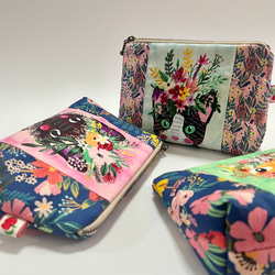 感謝価格　猫柄　パクパクポーチ　10cmバネ口使用　小物入れ　ハンドメイド ふんわり♡バネポーチ 10cm ねこポーチ□カン付きバネ口ポーチ