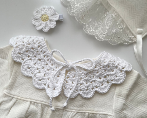 出産祝いやギフトにも♪手編みの付け襟＆ベビーヘアクリップ