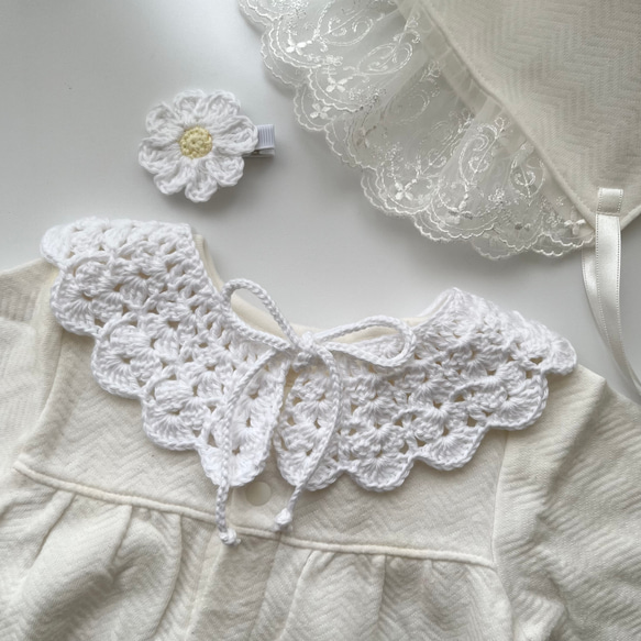 出産祝いやギフトにも♪手編みの付け襟＆ベビーヘアクリップ cotton100