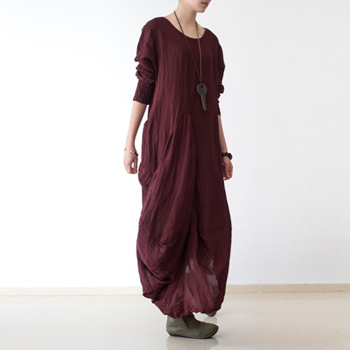 【即納】イレギュラーヘムラインで魅せる★風合いリネンワンピース エンジ