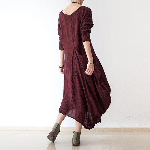 【即納】イレギュラーヘムラインで魅せる★風合いリネンワンピース エンジ